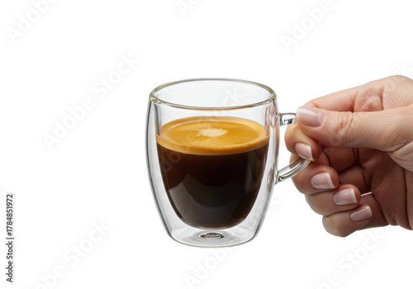 Fototapeta Extreme macro close-up of a fair hand holding a clear demitasse cup with rich italian espresso and perfect golden crema, crisp focus, isolated on white copy space. Concept for gourmet coffee