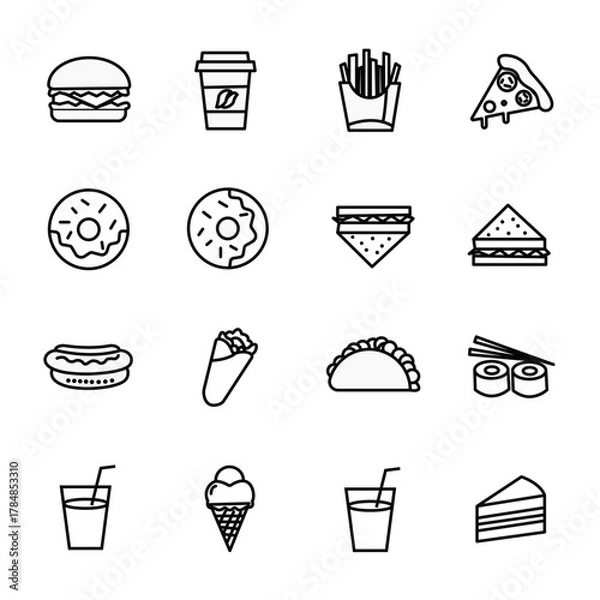 Obraz Minimal Food Line Icon Set | 12 Modern Black Outline Food Vectors