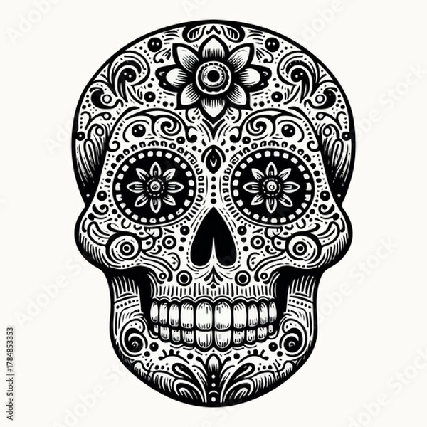 Fototapeta Hand drawn mexican sugar skull isolated on white background. Design element 
