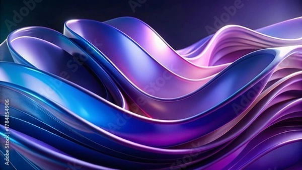 Obraz Abstract blue and purple shapes with reflective surfaces create a dynamic wave pattern on a dark background.