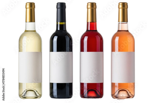 Fototapeta four premium wine bottles (red, white, rosé) with blank white labels and matte black/golden foil capsules, symmetric on a high-key transparent background. concept for luxury product branding mockup