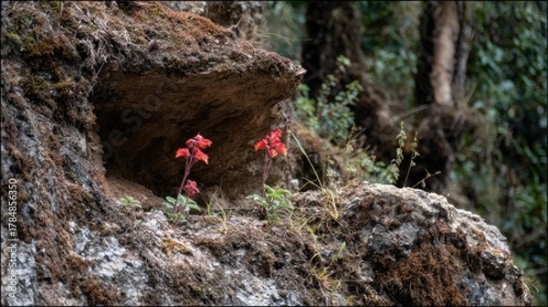 Fototapeta Red flowers bloom from a rocky crevice in a forest