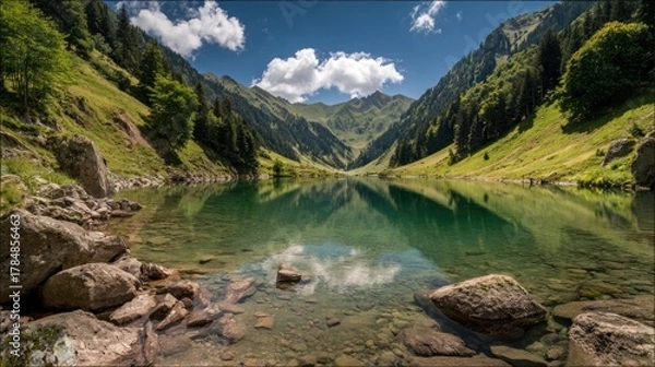 Fototapeta Serene alpine lake reflecting mountains