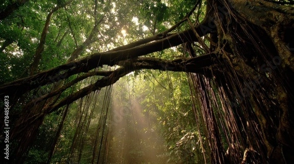 Fototapeta Sunlight streams through a dense jungle canopy