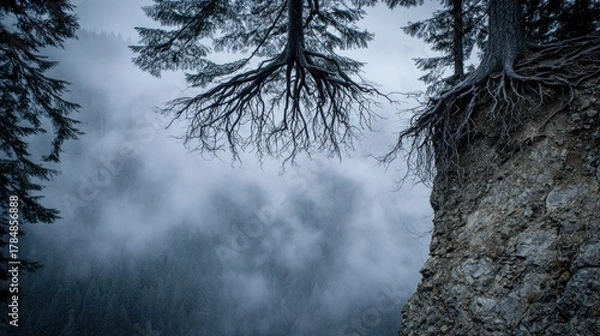 Fototapeta Misty mountain cliff with exposed tree roots