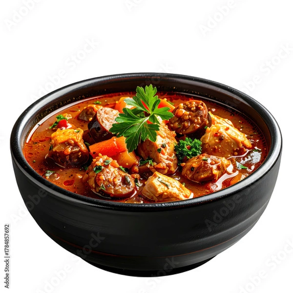 Obraz A steaming bowl of hearty chicken and sausage gumbo, filled with okra, rice, and spices, presented in a rustic bowl and isolated on a white background