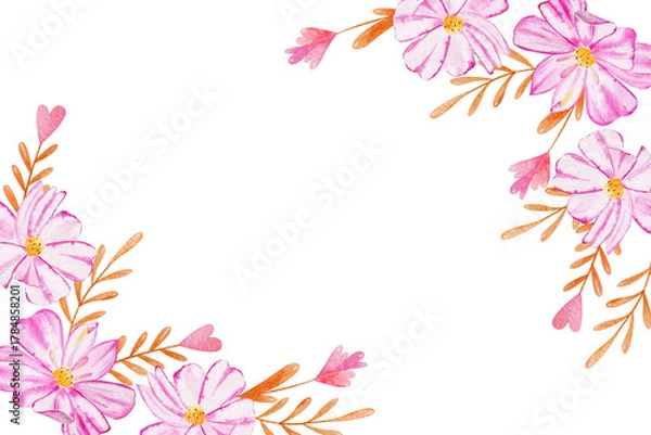 Fototapeta Watercolor pink flowers and gold leaves illustration frame horizontal border isolated on white background. Floral elements for print, cards, design, invitation.