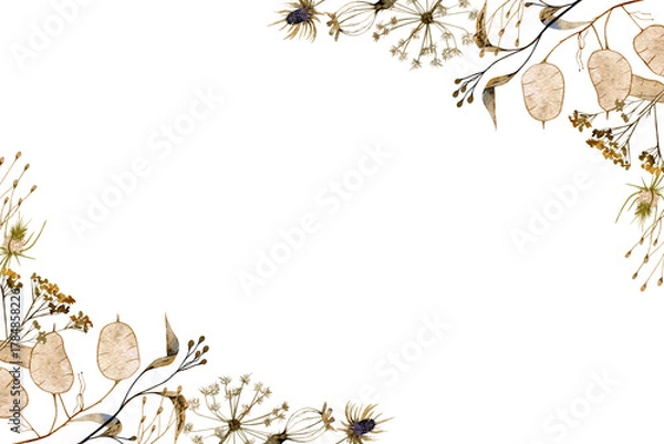Fototapeta Watercolor dry grass and flowers illustration frame horizontal border isolated on white background. Floral elements for print, cards, design, invitation.