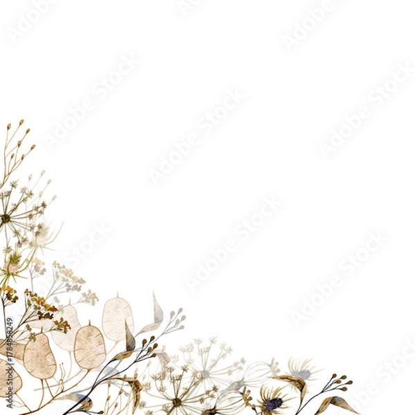 Fototapeta Watercolor square frame with  dry grass and flowers illustration isolated on white background. Floral elements for print, cards, design, invitation.