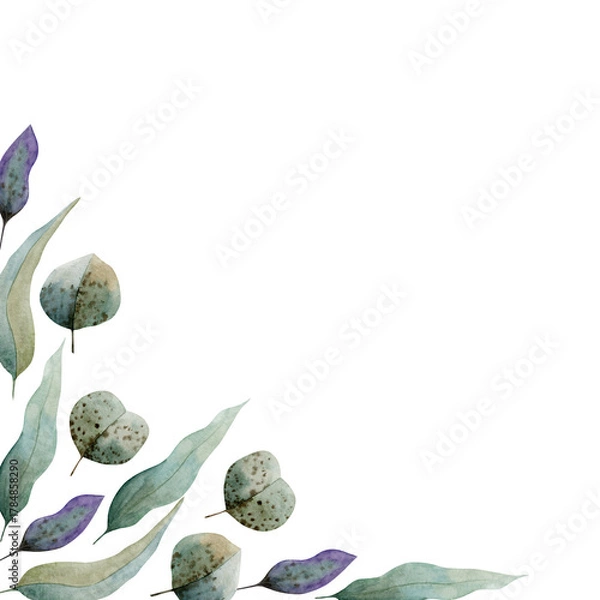 Fototapeta Watercolor square frame with leaves illustration isolated on white background. Floral elements for print, cards, design, invitation.