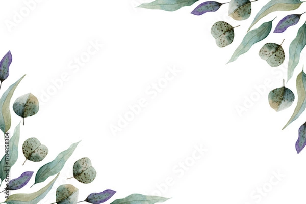 Fototapeta Watercolor leaves illustration frame horizontal border isolated on white background. Floral elements for print, cards, design, invitation.