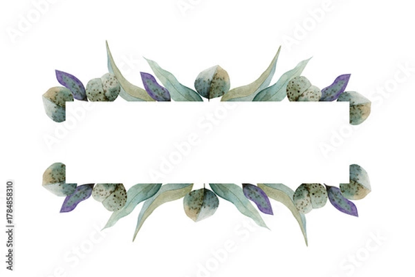 Fototapeta Watercolor leaves illustration frame isolated on white background. Floral elements for print, cards, design, invitation. Hand painted horizontal.