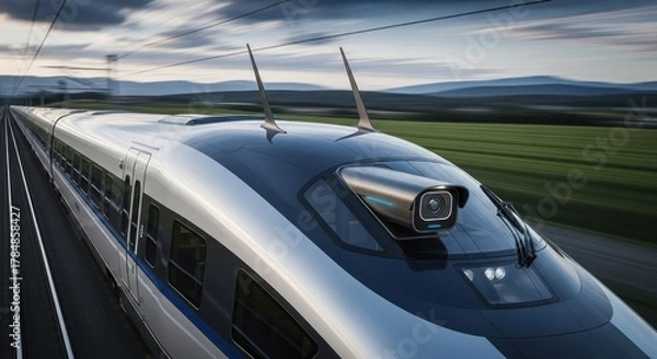 Fototapeta Sleek high-speed train moving fast, blurred landscape background