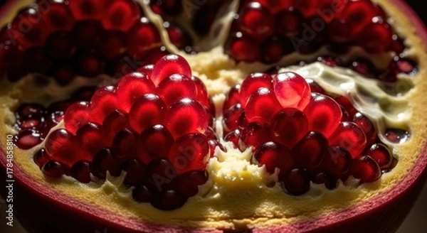 Fototapeta Sliced pomegranate, vibrant red seeds shine