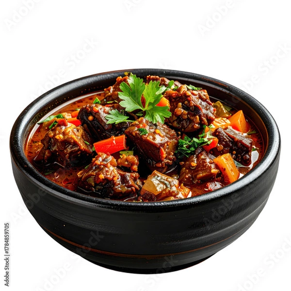 Obraz Rich and savory jamaican oxtail stew with butterbeans and tender meat, served in a dark bowl and isolated on a pristine white background