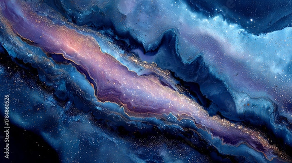 Fototapeta Abstract fluid art background depicting a celestial river, a cosmic nebula in deep blue and purple hues with sparkling gold details.