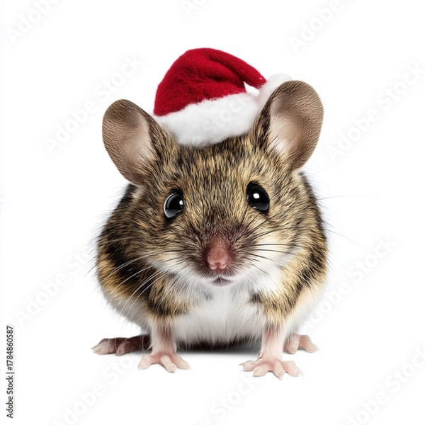 Obraz Christmas mouse crouching in Santa hat