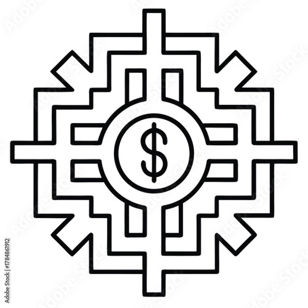 Obraz Dollar sign in a complex, maze-like circular structure