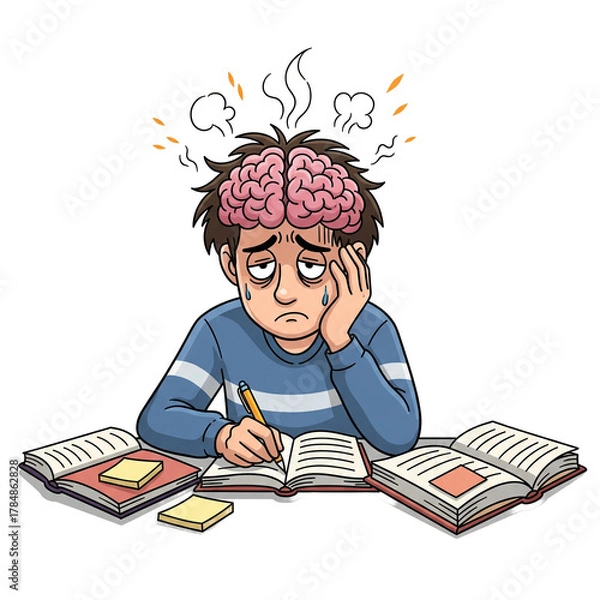 Obraz Student overwhelmed by studying, brain overloaded with stress