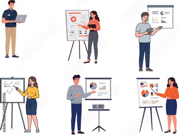 Obraz Business professionals presenting data, vector illustration of office workers with charts, graphs, and screens in modern workplace settings