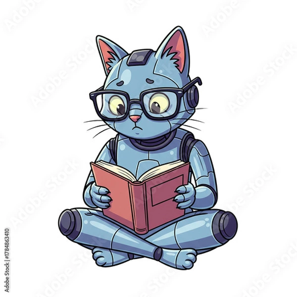 Fototapeta Curious robotic cat learns from book, promoting knowledge and growth