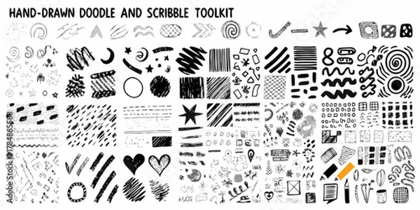 Obraz Collection of hand drawn black and white doodle and scribble elements for design toolkit