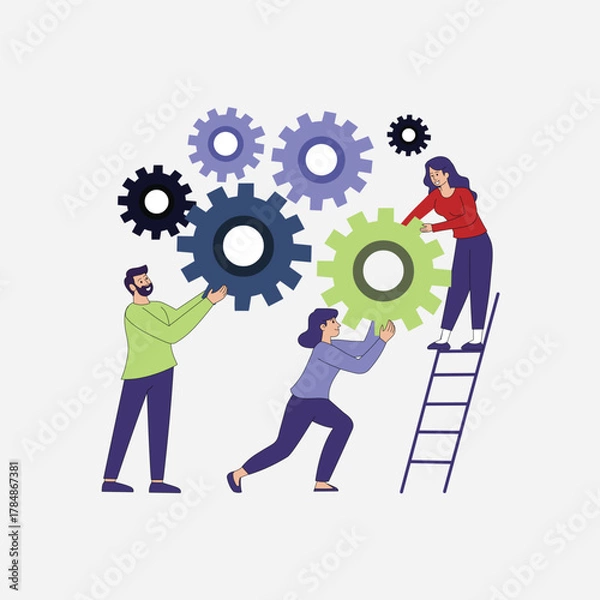 Obraz Business Teamwork Concept with Gears, People Connecting Cogwheels Working Together Vector Illustration