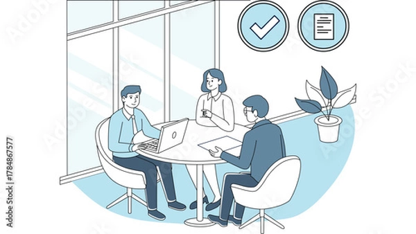 Obraz Business People Working on Table with Laptop and Documents Vector Illustration Concept for Office Meeting and Discussion