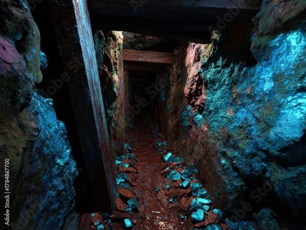Fototapeta Exploring deep mine shaft with silver deposit and ai laser scanning underground environment captivating perspective