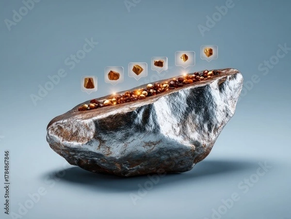 Fototapeta Macro shot of silver rock with floating ai icons abstract concept digital environment futuristic viewpoint