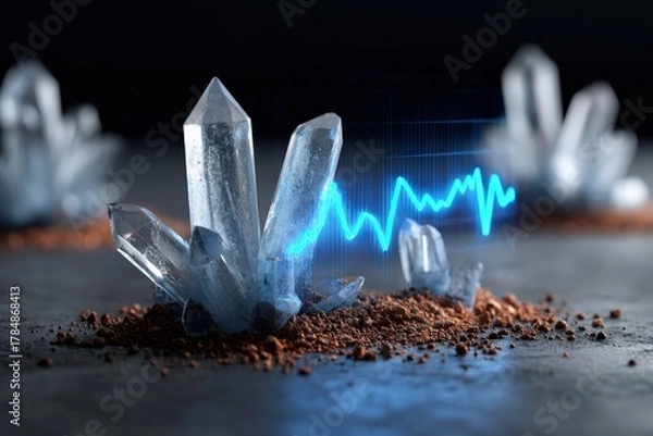 Fototapeta Floating silver crystals with ai graph projection abstract art scene dark background futuristic concept