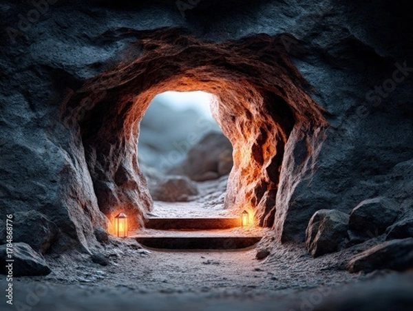 Fototapeta Glowing silver ore discovery inside dark tunnel ai robot exploration 3d rendered environment immersive view