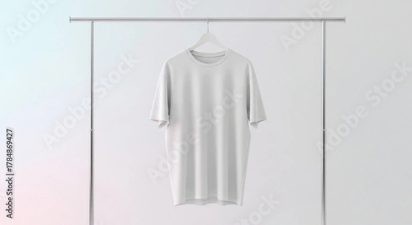 Fototapeta Minimalist pure white blank t-shirt mockup on a sleek hanger and clothes rack, ideal for fashion design and apparel branding display in a bright studio setting
