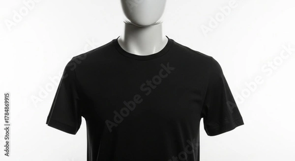 Obraz Close-up shot of a plain black short-sleeved t-shirt displayed on a white mannequin against a bright background.