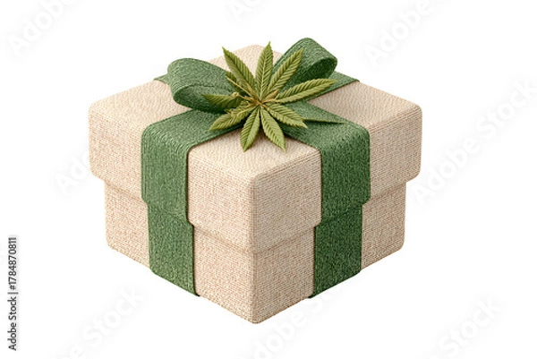 Obraz A gift box adorned with a green ribbon and featuring a marijuana leaf, isolated on transparent background