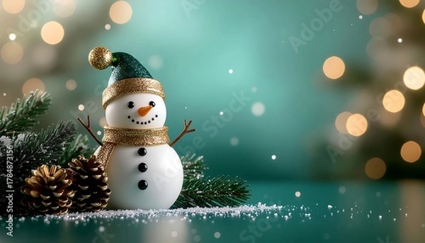 Fototapeta A charming snowman figurine with a festive green hat and gold scarf stands in a winter wonderland scene with pine cones and sparkling bokeh lights
