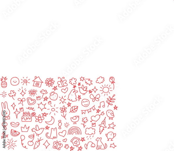 Fototapeta Whimsical red doodles of cute animals and objects collection of charming, hand-drawn red doodles featuring animals, food, celestial bodies, and festive elements.