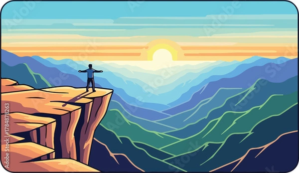Fototapeta A person with outstretched arms stands on a cliff overlooking a vast, colorful mountain range at sunrise, evoking a sense of freedom and adventure.