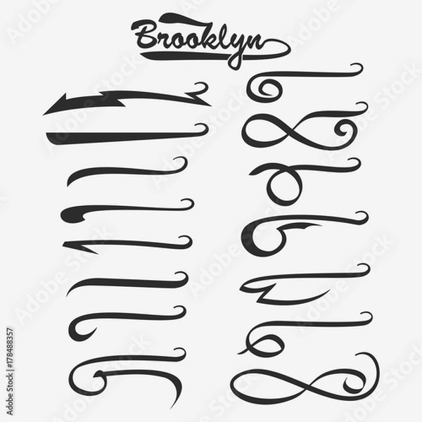 Fototapeta Set of hand lettering underlines swishes tail, swooshes collection isolated on white, Swashes for Typography Tshirt. Retro Swoop wave line. Vector.