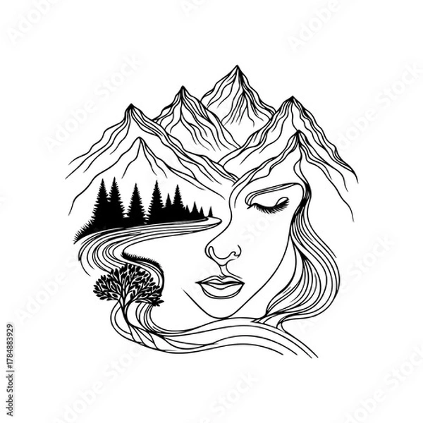 Fototapeta Face merging into landscape line art — black and white hand-drawn illustration symbolizing unity between human and nature, elegant vector SVG, mountain and forest composition