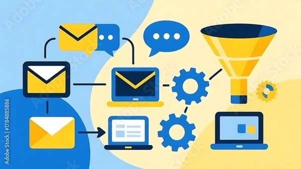 Fototapeta Abstract illustration of automated marketing workflow — email icons, chatbot bubbles, funnel shapes, gears connecting different digital tools, clean .