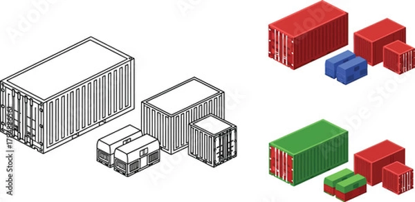 Obraz Shipping containers in various sizes and colors, presented in both line art and realistic isometric views