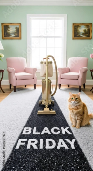 Obraz Black friday sales concept with vintage vacuum cleaner cleaning away a black stripe on a white carpet with an orange cat watching
