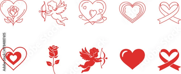 Obraz Collection of romantic red hearts, roses, and cupids for Valentine's Day