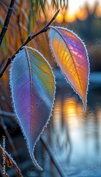 Fototapeta Colorful frosted leaves hanging on branch near water in autumn  
