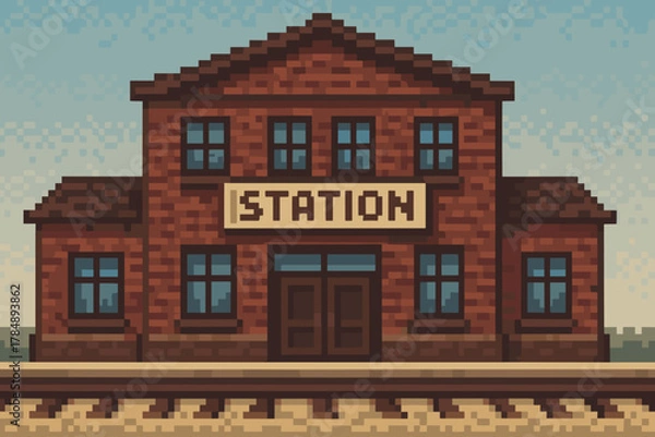 Obraz Pixel art train station building with red bricks and classic design in retro style
