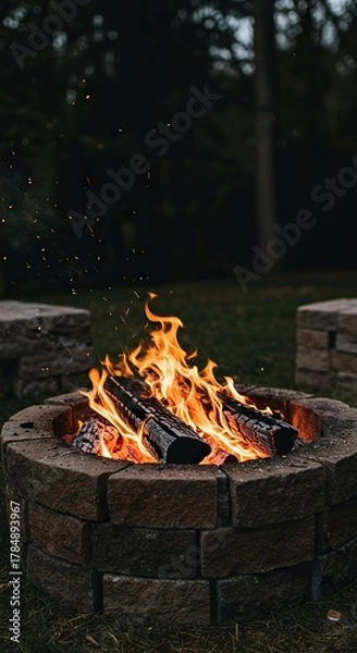 Fototapeta Crackling wood burns brightly in a rustic stone fire pit outdoors during the evening, creating a warm, cozy atmosphere ,leisure ,outdoor ,bright