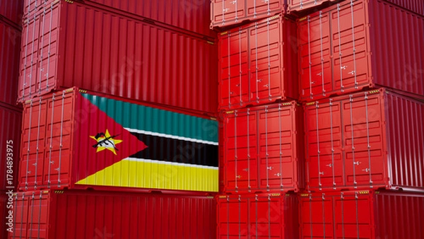 Obraz Cargo shipping container with Mozambique flag, shipping and freight transportation of Mozambique concept.