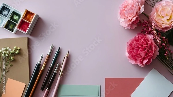 Fototapeta A table with pens, pencils, and flowers. The pens and pencils are arranged in a row, and the flowers are scattered around the table. The table is on a pink background