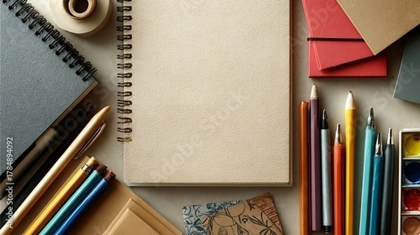 Fototapeta A notebook with a blank page sits on a table with a variety of pens, pencils, and other writing supplies. The scene suggests a creative and artistic atmosphere, with the potential for writing, drawing